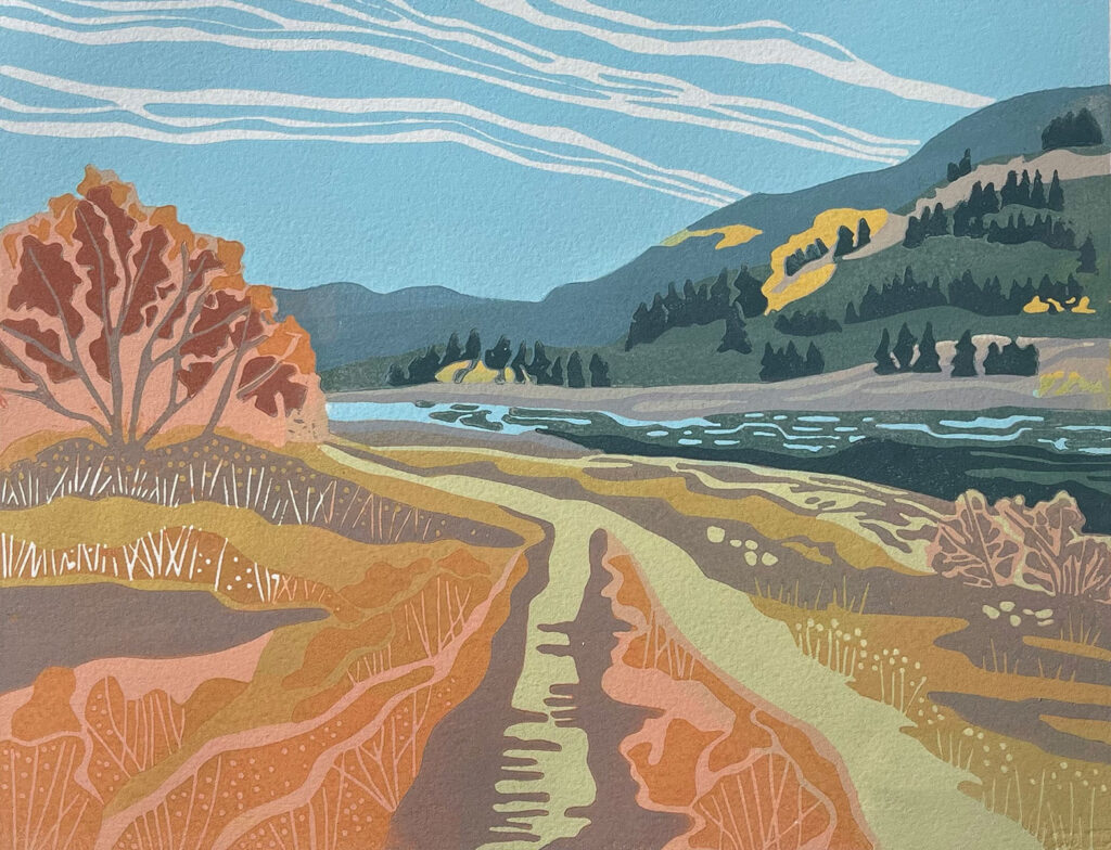 Down By the River. Hand-carved, limited-edition, original linoleum print by Kate Goetz, Blue Chisel Studio.