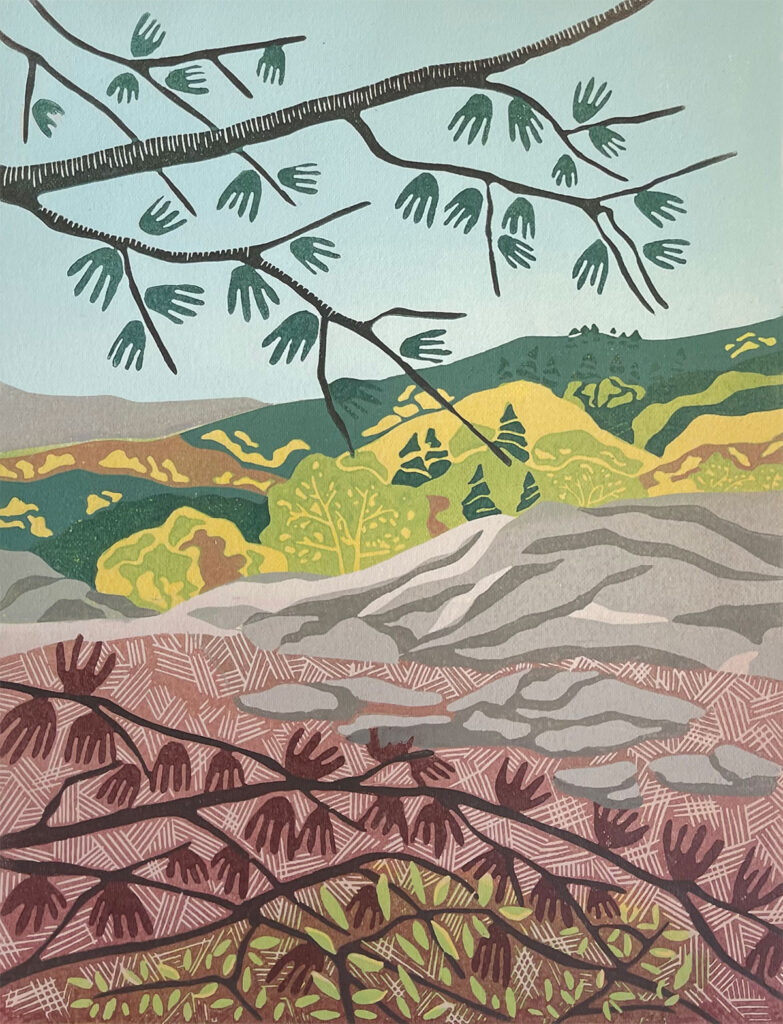 Take A Picture For Me. Hand-carved, limited-edition, original linoleum print by Kate Goetz, Blue Chisel Studio.