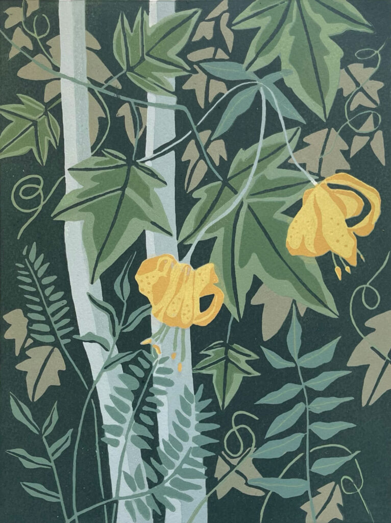 Woodland Gold.Hand-carved, limited-edition, original linoleum print by Kate Goetz, Blue Chisel Studio.